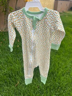 Kids One-Piece Footie in White with Orange Print and Light Green Trim